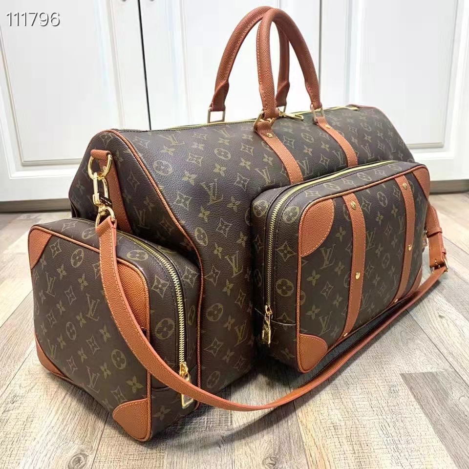 Louis Vuitton LV Unisex Keepall Trio Pocket Travel Bag Brown Monogram Canvas