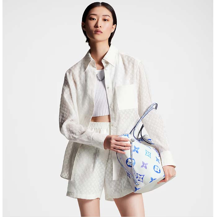 Louis Vuitton LV Unisex Neverfull MM Blue Monogram Coated Canvas Textile Lining