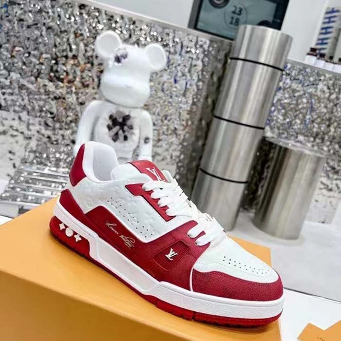 Louis Vuitton Unisex LV Trainer Sneaker Red Mini Monogram Embossed Calf Leather
