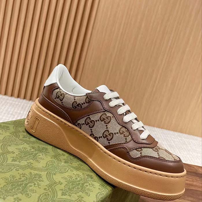 Gucci Unisex GG Sneaker Beige Ebony Orignal GG Canvas Lace-Up Closure Rubber