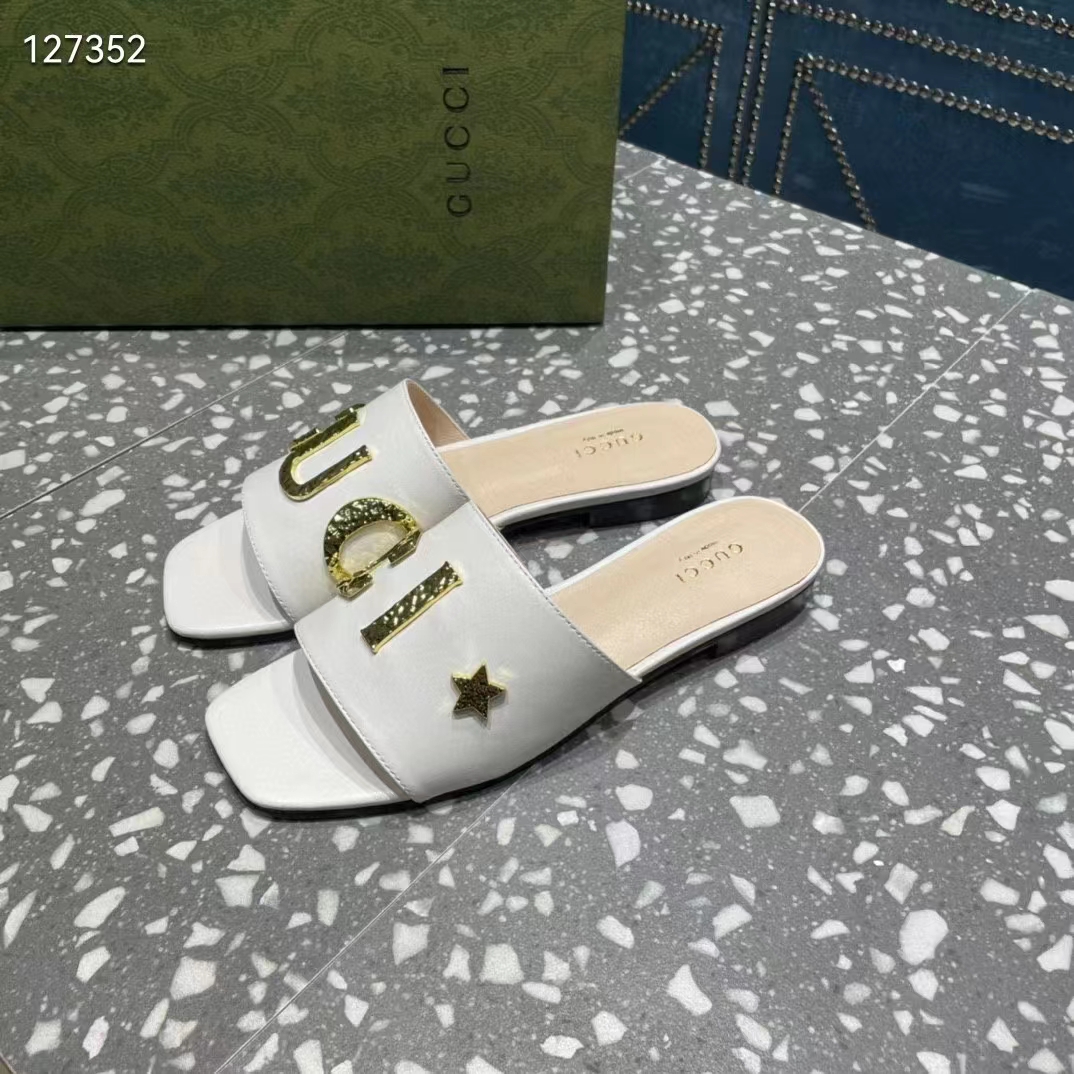 Gucci Women GG Slide Sandal White Leather Textured Logo Star Flat 1 Cm Heel