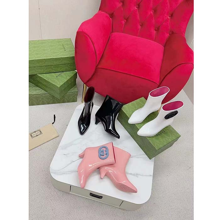 Gucci Women Interlocking G Ankle Boot Pink Shiny Rubber Matte Point Toe Low-Heel