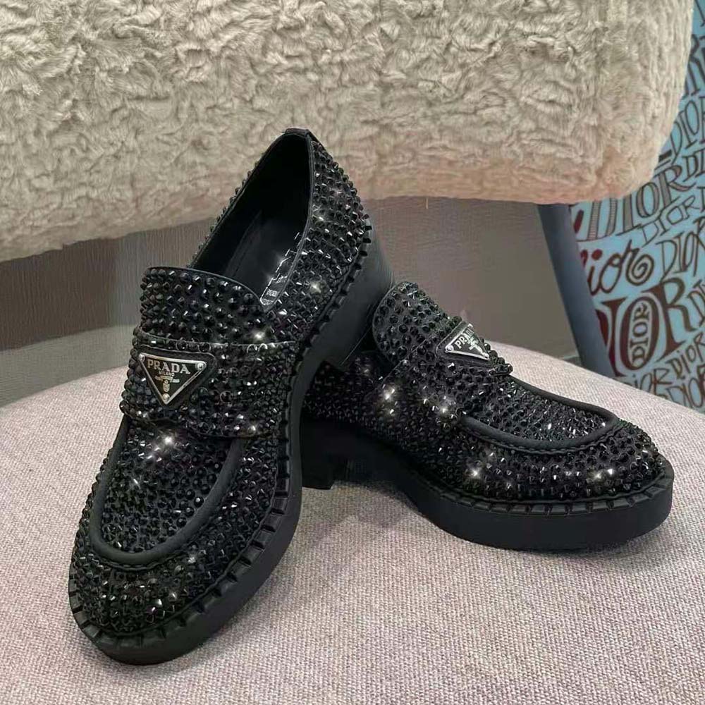 Prada Women Chocolate Satin Loafers with Crystals-Black