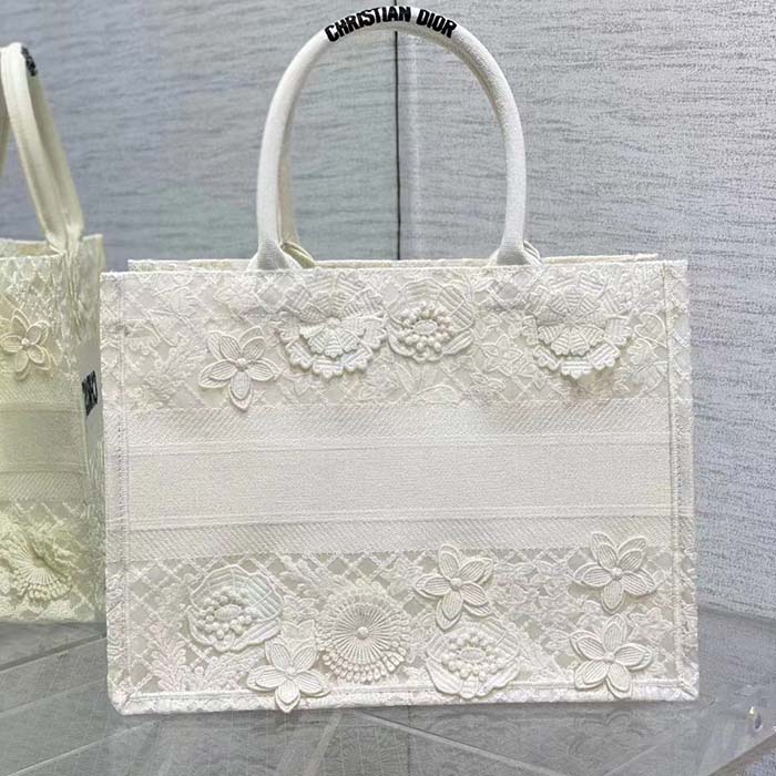 Dior Women CD Medium Book Tote White Multicolor D-Lace Embroidery Macramé Effect