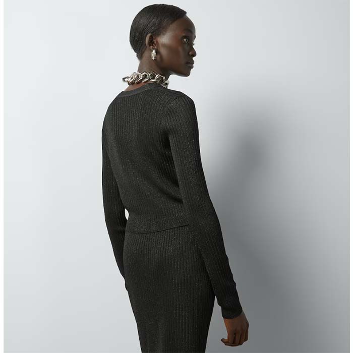 Gucci GG Women Rib Stitch Viscose Lamé Cardigan Interlocking G Buttons V-Neck Long Sleeves