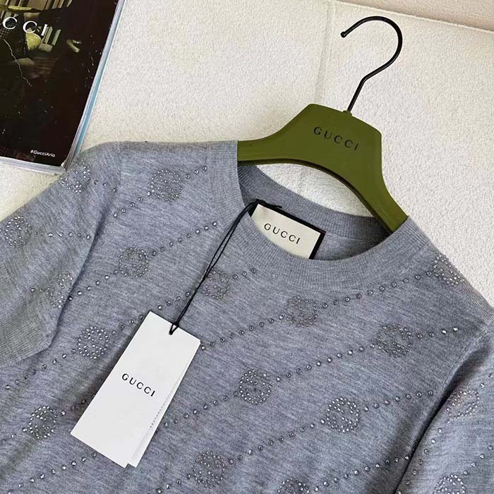 Gucci Women GG Cashmere Crewneck Interlocking G Grey Diagonal Stripe Crystals