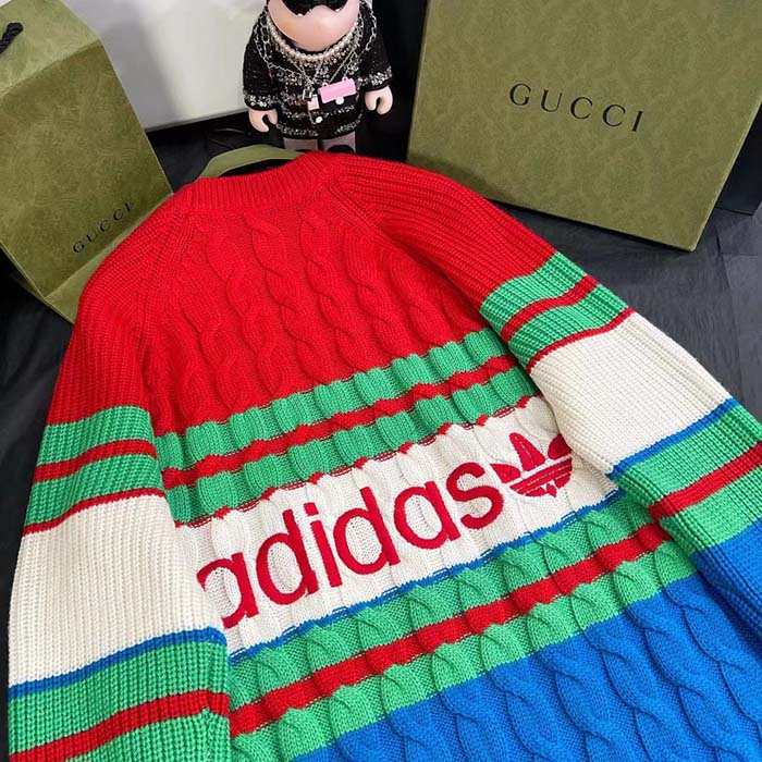 Gucci Women GG Adidas x Gucci Wool Sweater Blue Orange Cable Stitch Crewneck