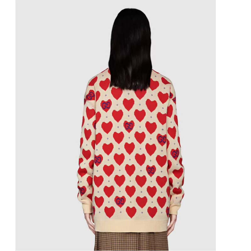 Gucci Women’s Les Pommes Cotton Heart Sweater White Hearts Knit Cotton Jacquard V-Neck