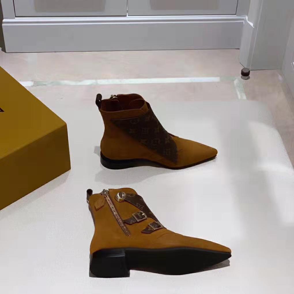 Louis Vuitton LV Women Jumble Flat Ankle Boot in Suede Calf Leather and Patent Monogram Canvas-Brown