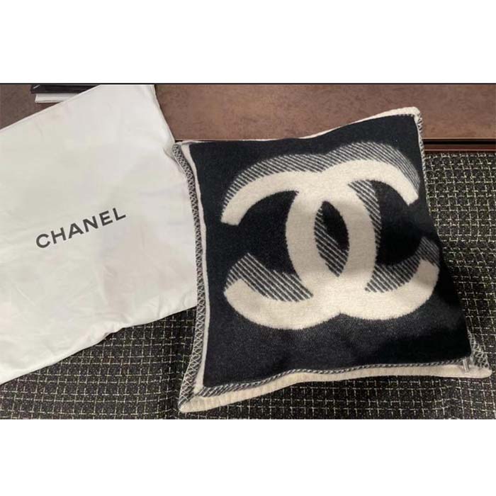 Chanel Unisex CC Cushion Cotton Wool Tweed Beige Black Multifunction