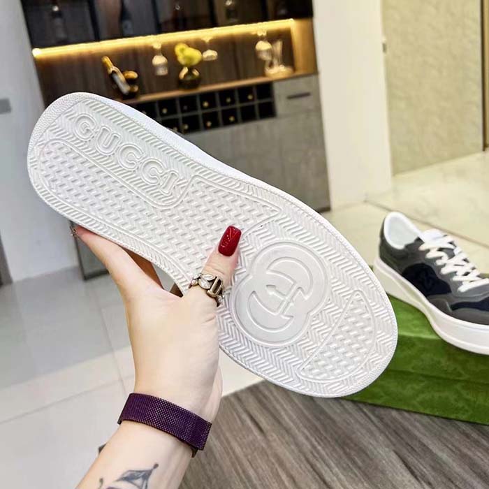 Gucci Unisex Lace-Up Sneaker Grey Leather Blue Black GG Canvas Mid 5.6 Cm Heel