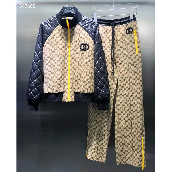 Gucci Women GG Canvas Nylon Zip Jacket Beige Ebony Black Quilted High Neck