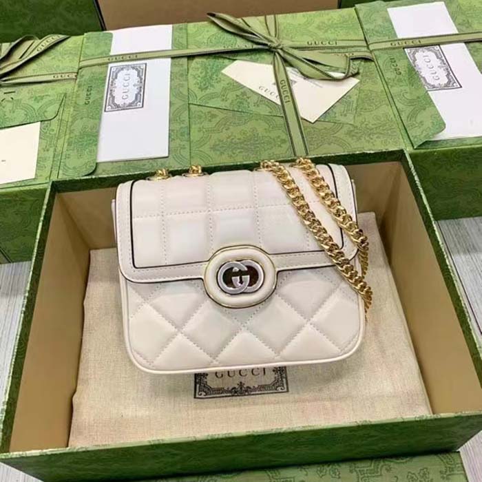 Gucci Women GG Deco Mini Shoulder Bag White Quilted Leather Interlocking G