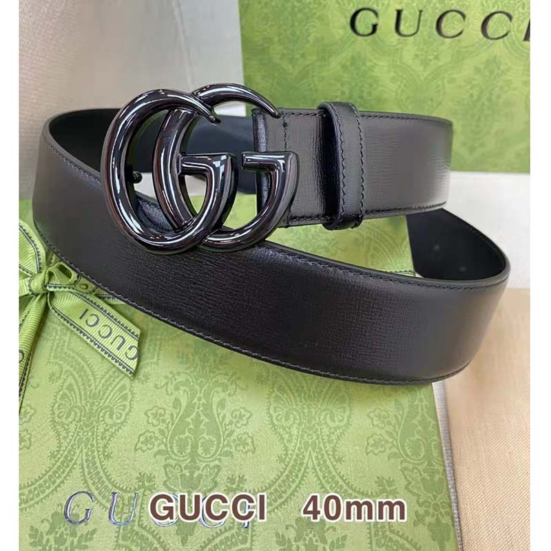 Gucci Unisex GG Marmont Wide Belt Black Leather Double G Buckle 4 cm Width