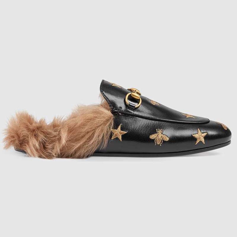 Gucci Unisex Princetown Embroidered Leather Slipper with Bees and Stars in Lamb Wool-Black