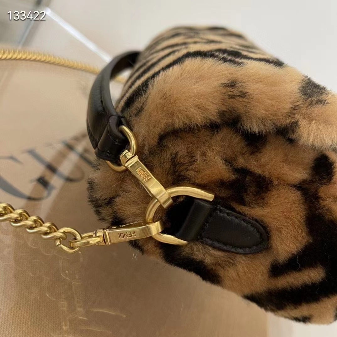 Fendi Women Mini Baguette Brown Sheepskin Sheep Fur Calfskin Bag