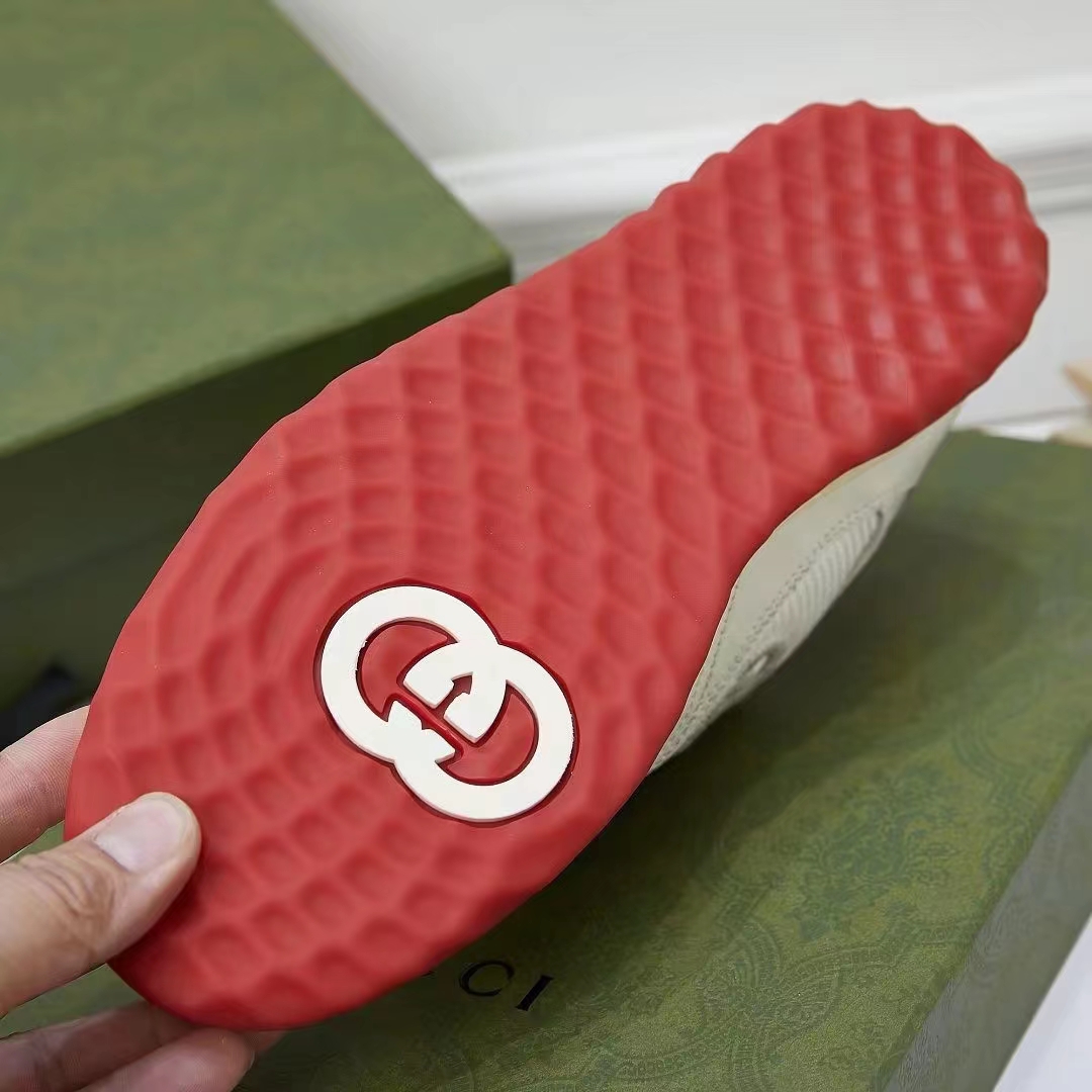 Gucci Unisex GG MAC80 Sneaker Off White Red Leather Round Toe Rubber Flat