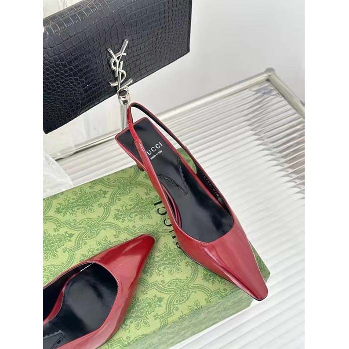 Gucci Women GG Slingback Pump Dark Red Leather Interlocking G Square Upper Mid-Heel