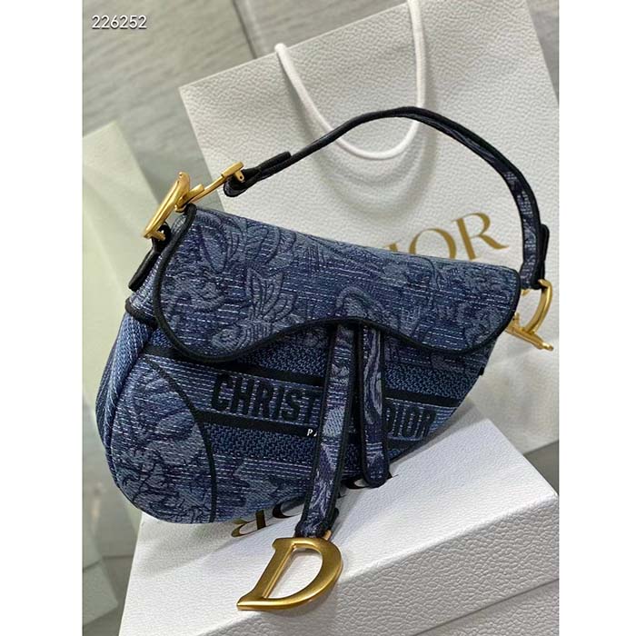 Dior Women CD Saddle Bag Denim Blue Albero Della Vita Embroidery