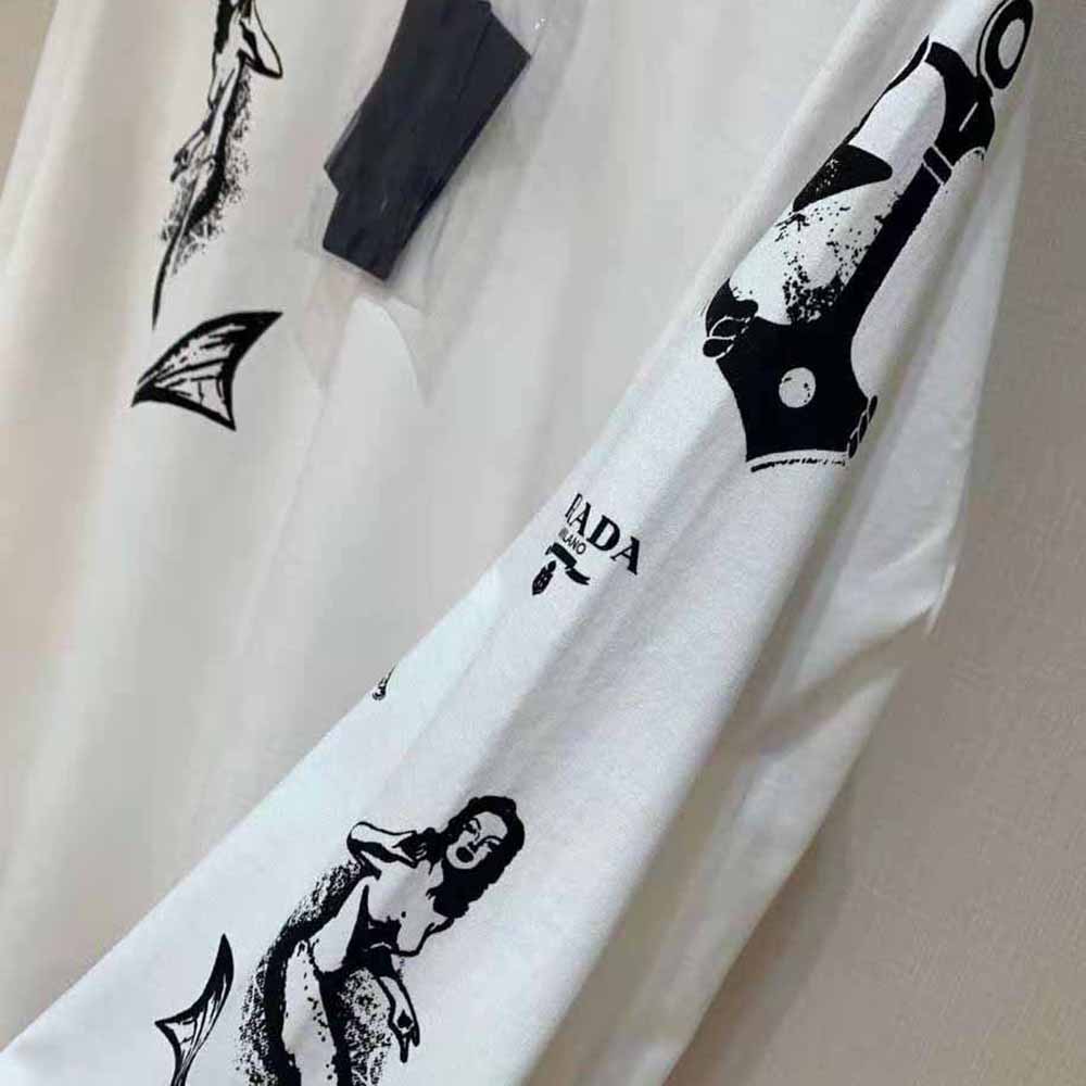 Prada Women Printed Cotton T-shirt with the Lettering Logo-White