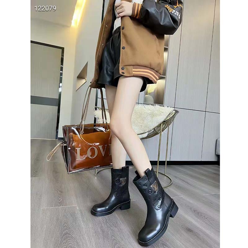 Louis Vuitton Women Downtown Ankle Boot Black Embossed Calf Leather 3 cm Heel