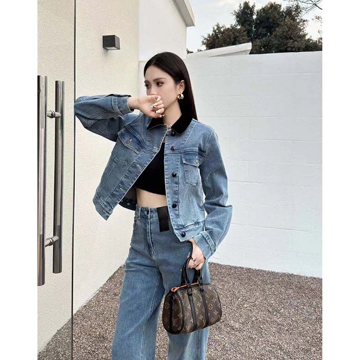 Louis Vuitton Women LV Velvet Accent Denim Jacket Cotton Blue Regular Fit 1AFEPJ