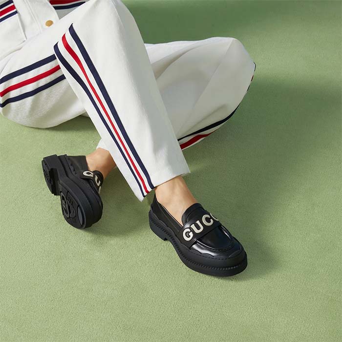 Gucci GG Women Gucci Loafer Black White Leather Scalloped Script Rubber Sole Mid-Heel