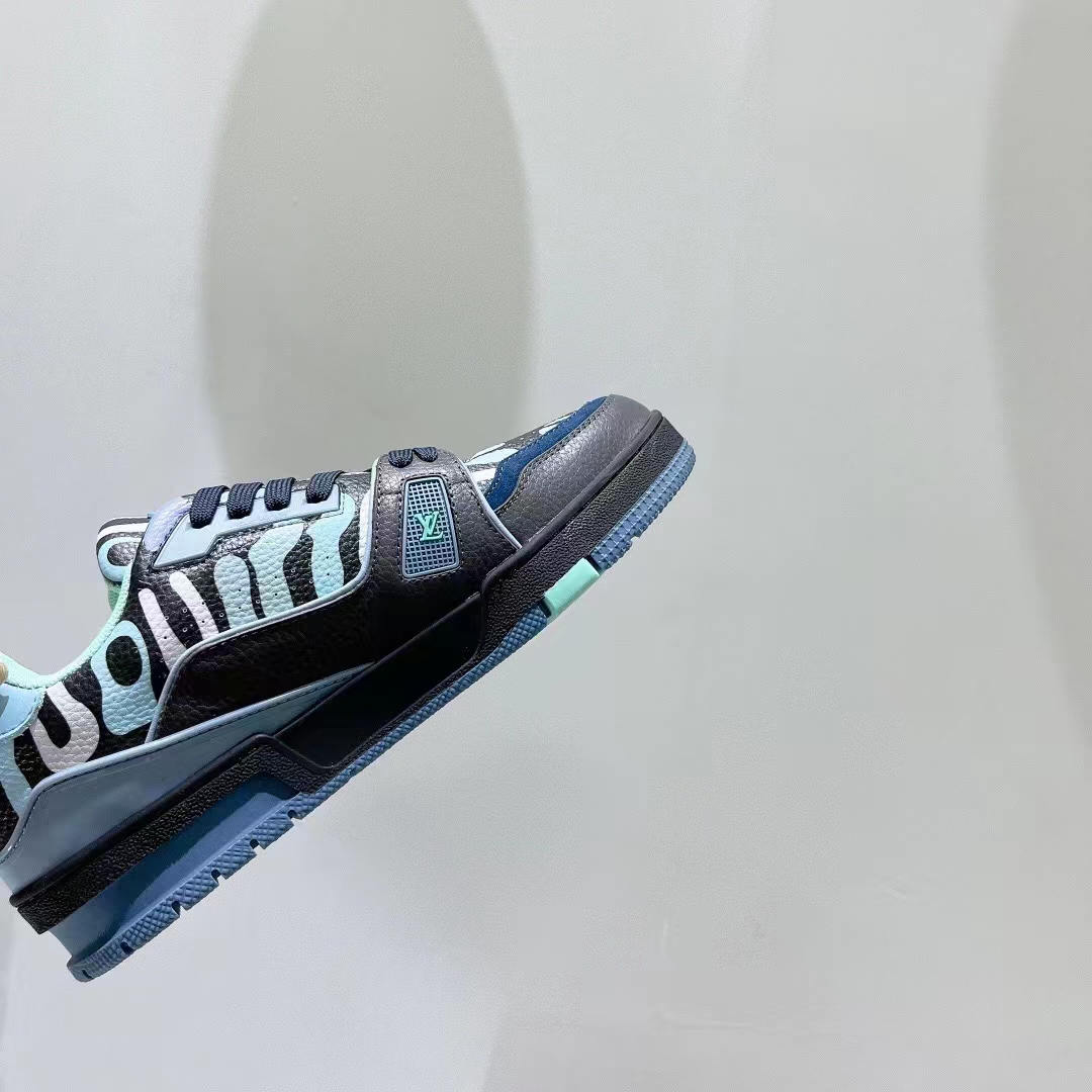 Louis Vuitton Unisex LV x YK LV Trainer Sneaker Navy Blue Camouflage-Printed Canvas Grained Calf