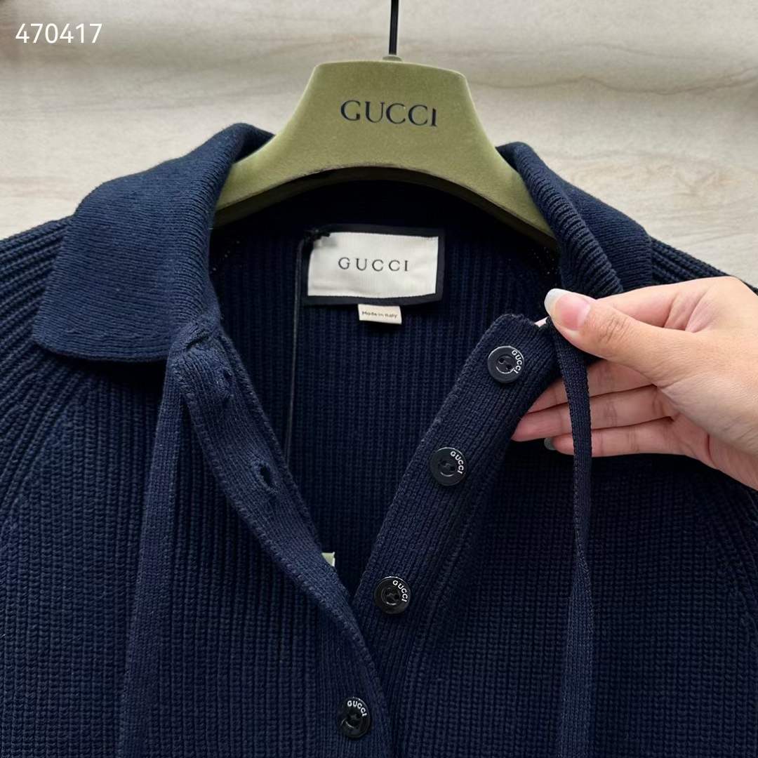 Gucci Women GG Chunky Rib Cotton Polo Top Knitted Label Raglan Long Sleeves