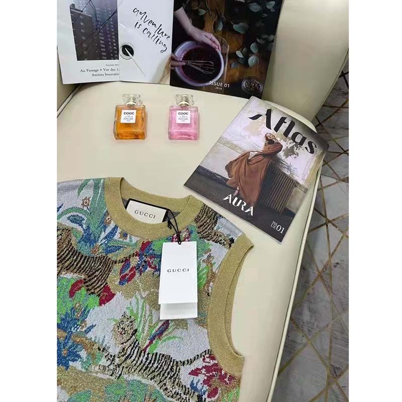 Gucci Women GG Tiger Jacquard Vest Gold Green Tiger Flower Extra Fine Lurex Crewneck