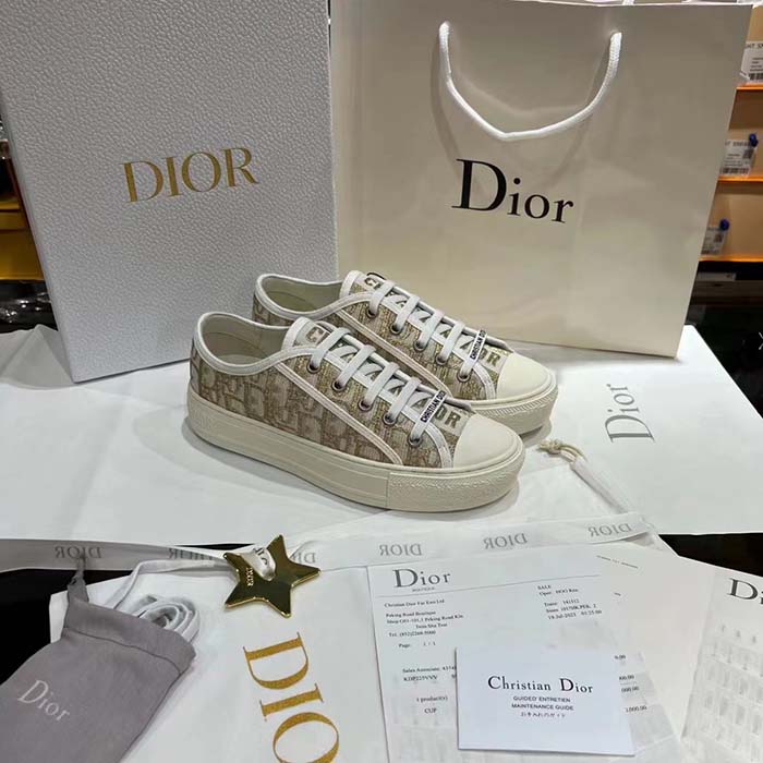 Dior Women Shoes CD Walk’N’Dior Platform Sneaker Gold-Tone Oblique Cotton Metallic Thread Embroidery