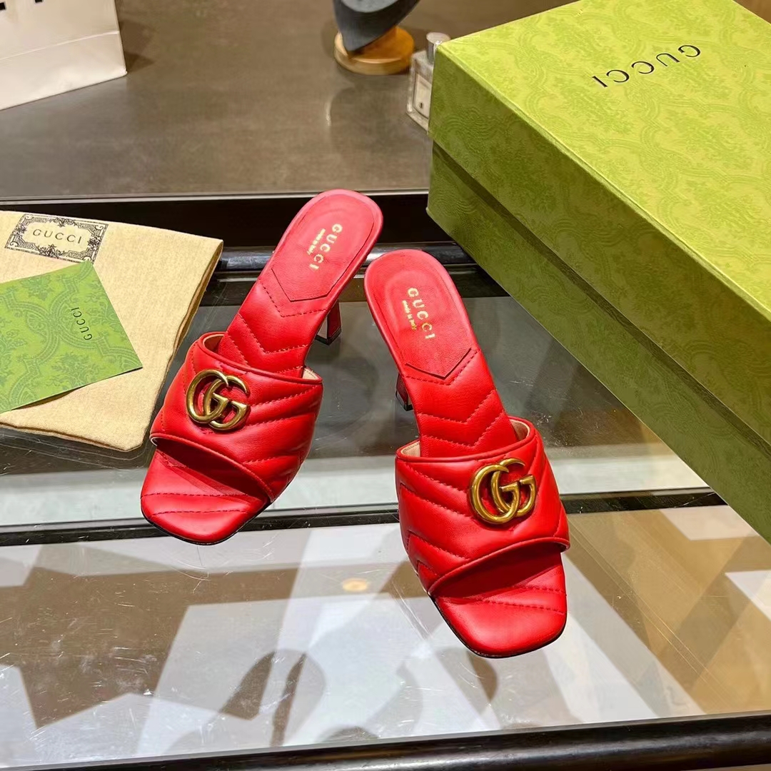 Gucci Women GG Double G Slide Sandal Red Chevron Matelassé Leather 7.6 cm Heel