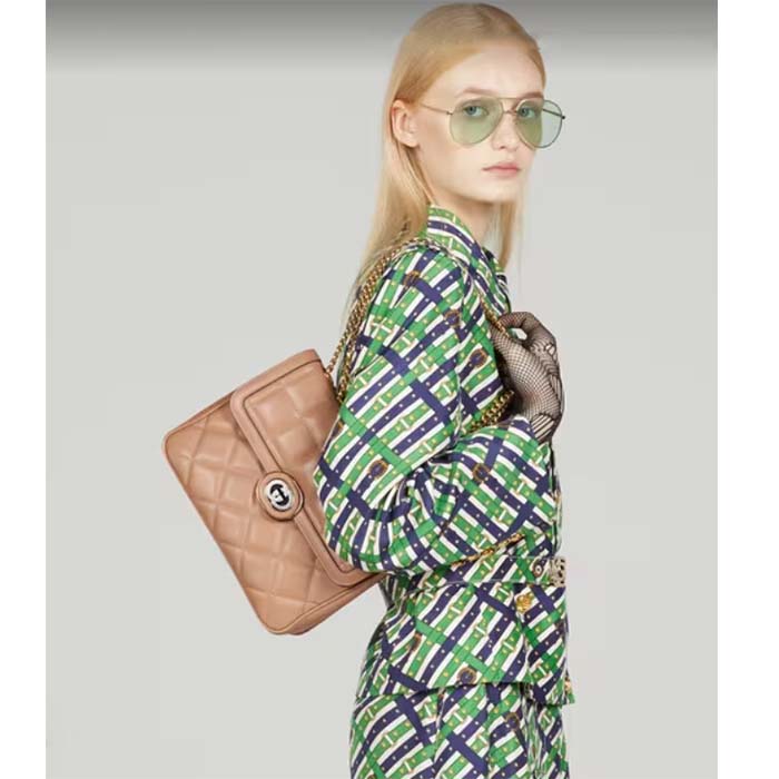 Gucci Women GG Deco Small Shoulder Bag Rose Beige Quilted Leather