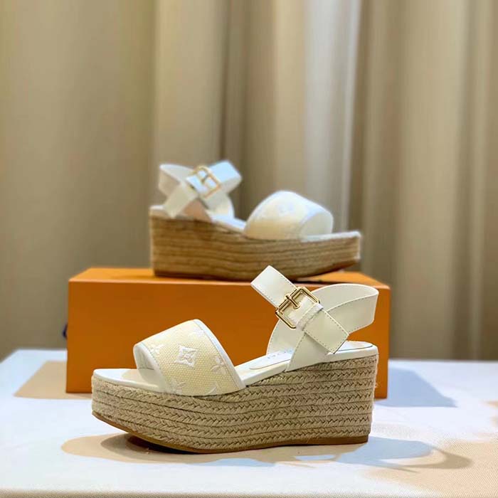 Louis Vuitton LV Women Starboard Wedge Sandal White Monogram-Embroidered Cotton