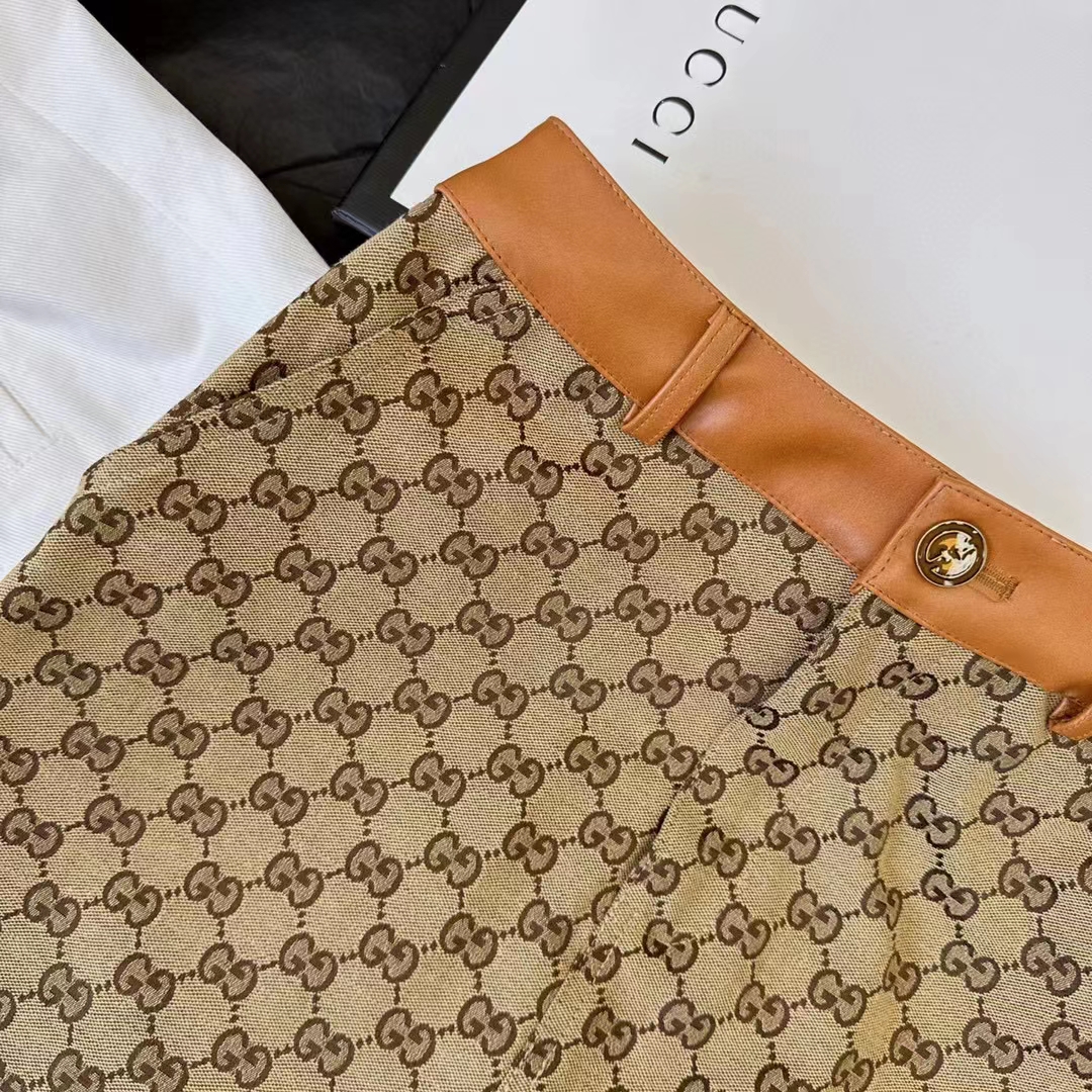 Gucci Women GG Canvas Skirt Camel Ebony Brown Leather Unlined Fitted Waistband Belt Loops