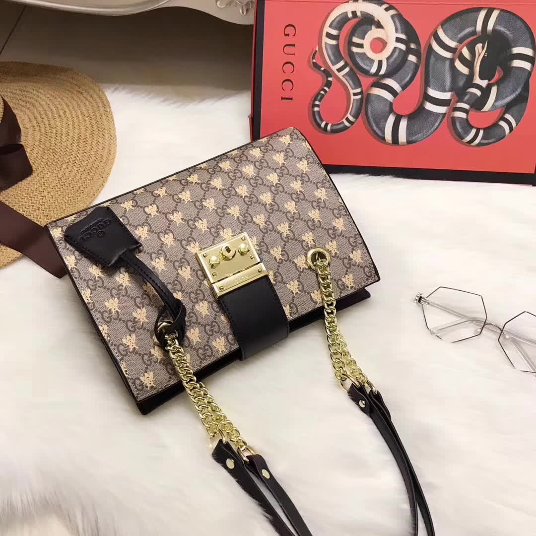 Gucci Padlock Small GG Supreme Canvas Shoulder Bag with Printed Bees