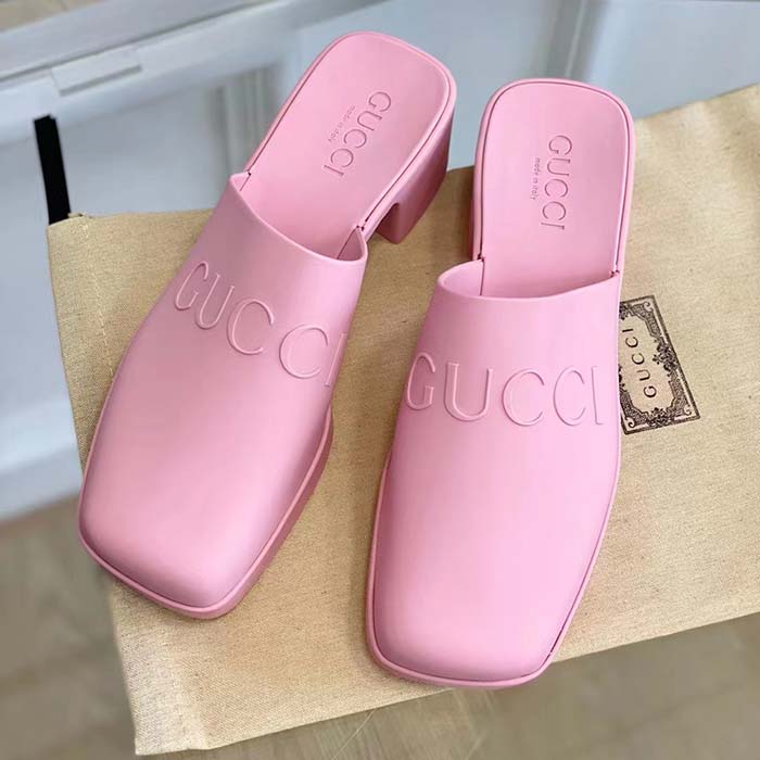 Gucci Women GG Slip-On Sandal Pink Rubber Embossed Logo Square Toe Chevron
