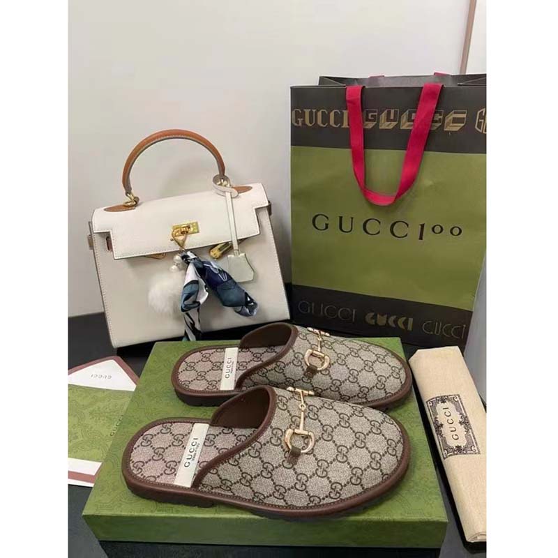 Gucci Unisex Slipper Horsebit GG Supreme Canvas Rubber Sole Flat 1 Cm Heel