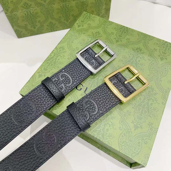 Gucci Unisex GG Rubber-Effect Leather Black Square Buckle 3.3 CM Width