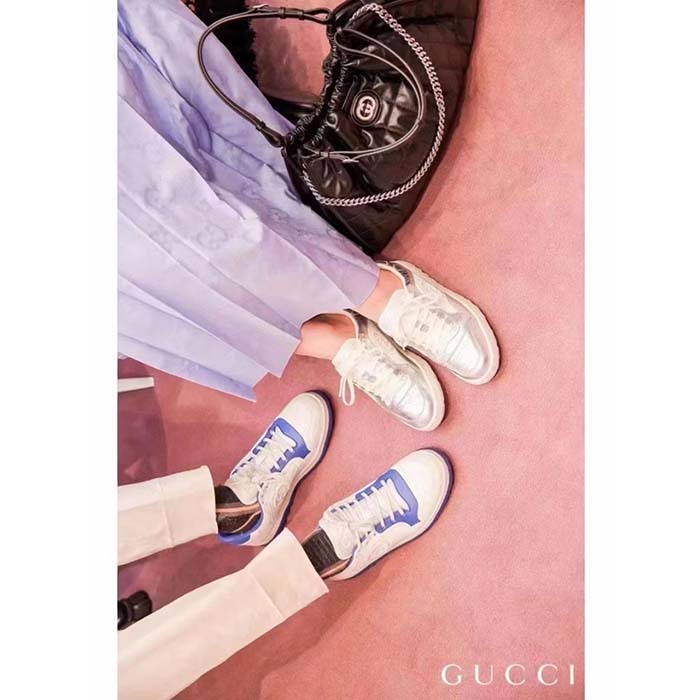 Gucci Unisex GG MAC80 Sneaker Metallic Silver Leather Fabric Round Toe Rubber Flat