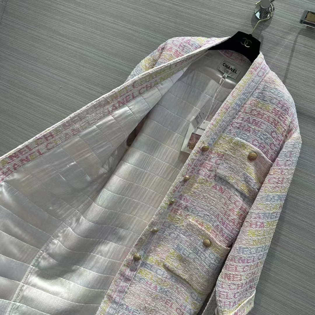 Chanel Women CC Coat Embroidered Cotton Wool Tweed Pink Yellow Ecru Blue Ref. P76296 V68251 NS965