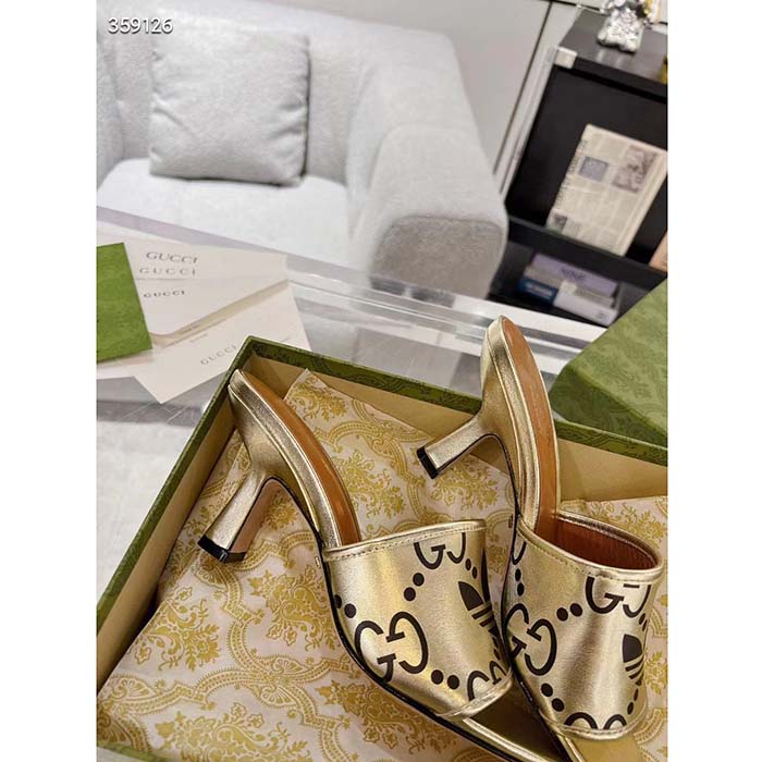 Gucci Women Adidas x Gucci Slide Sandal Gold Metallic GG Trefoil Smooth Leather