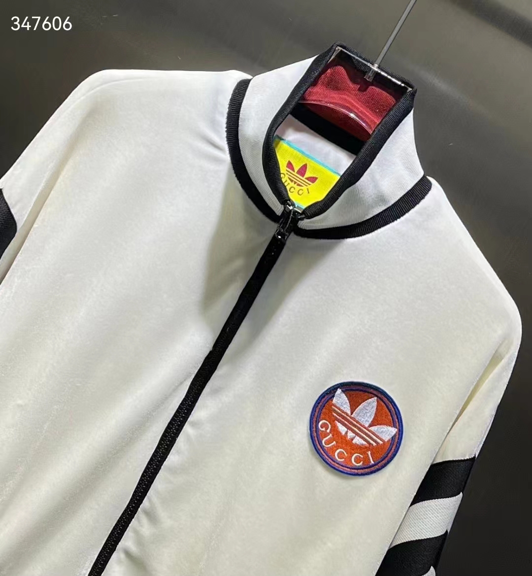 Gucci Women GG Adidas x Gucci Chenille Cropped Jacket Light Beige Cotton Chenille Trefoil