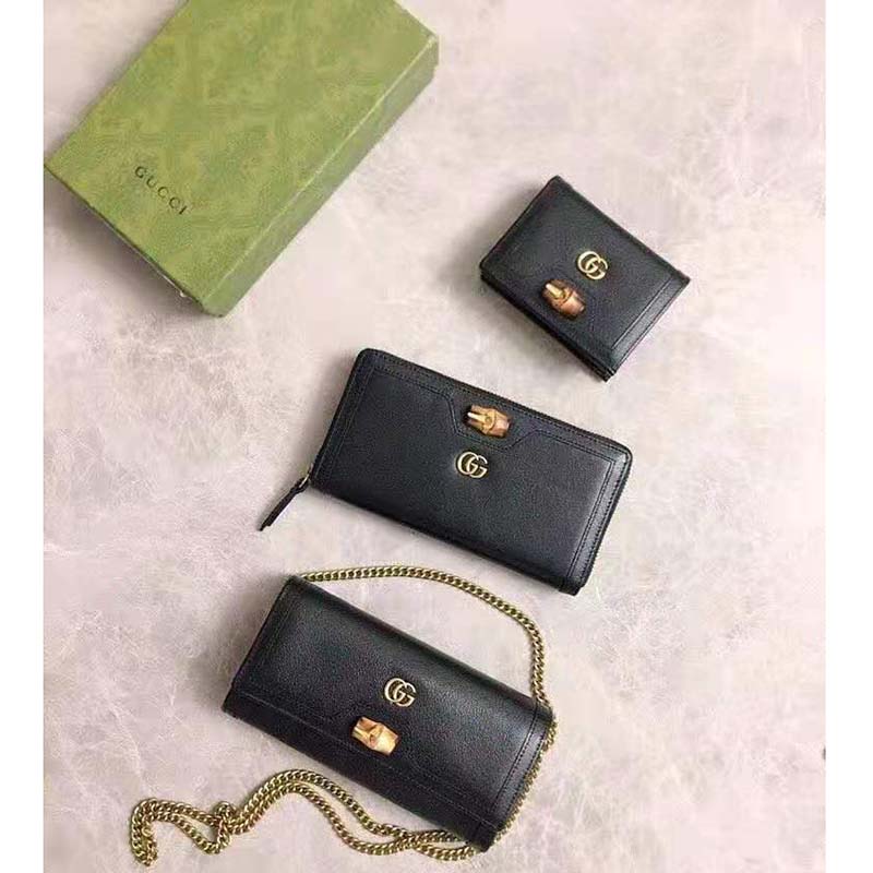 Gucci Women Gucci Diana Card Case Wallet Double G Black Leather