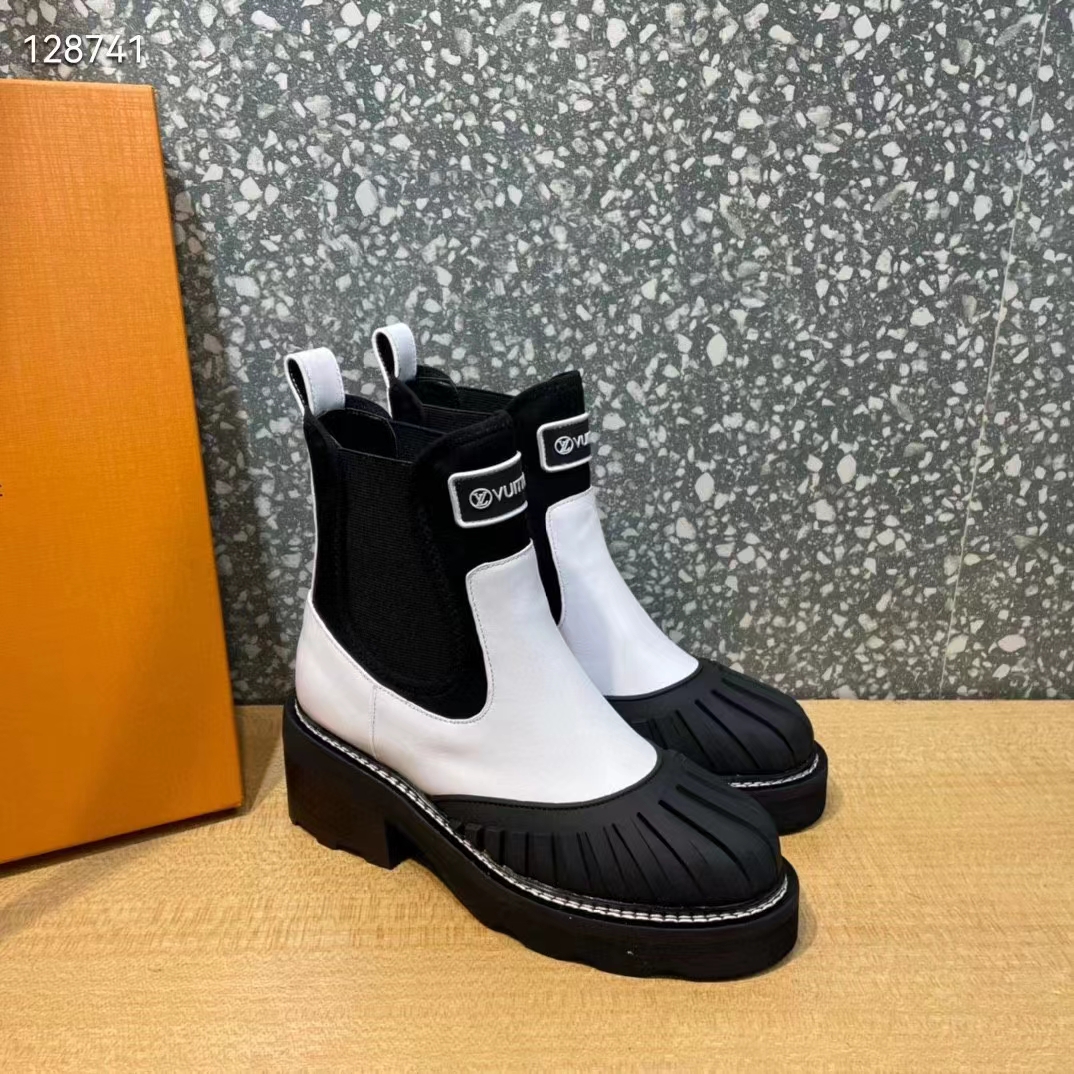 Louis Vuitton Women Shoes LV Beaubourg Ankle Boot Ecru White Calf Leather Neoprene