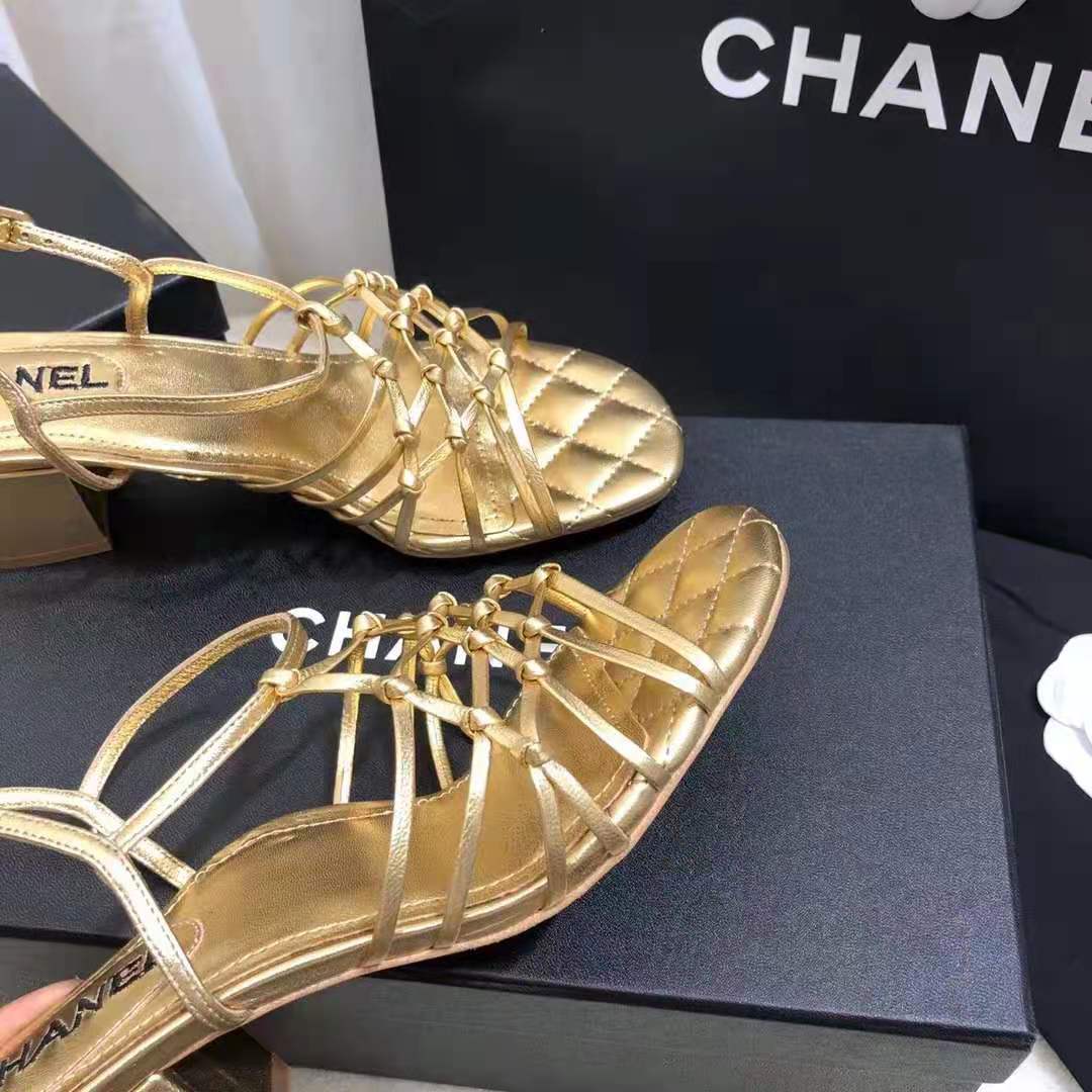 Chanel Women Sandals Laminated Lambskin Gold 5 cm Heel