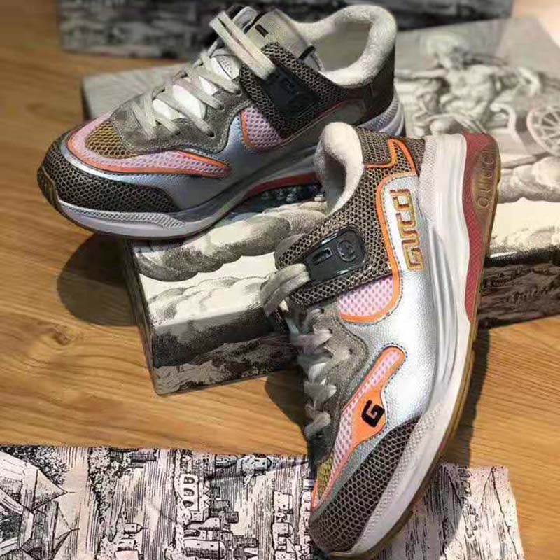 Gucci Unisex Ultrapace Sneaker with Embroidered Gucci and Interlocking G in Metallic Leather-Grey