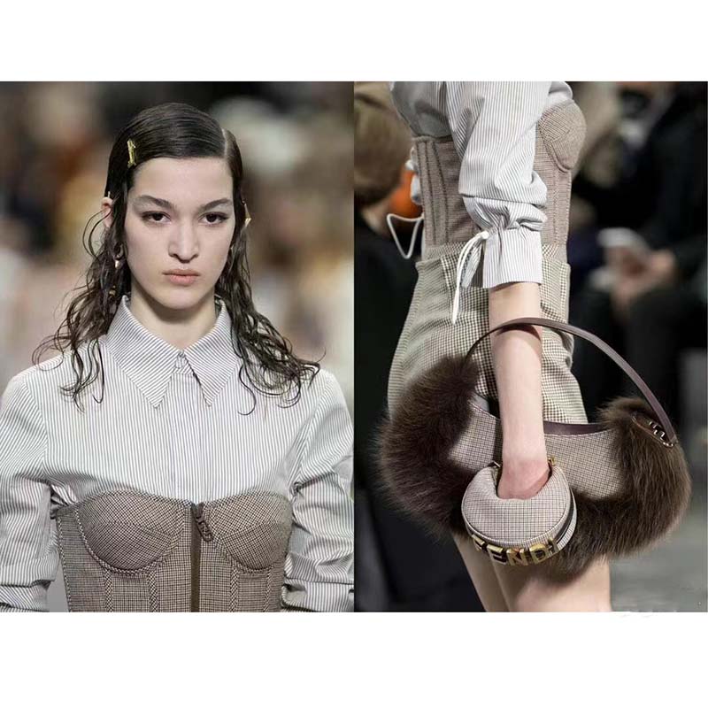 Fendi Women FF O’Lock Swing Brown Houndstooth Wool Fox Fur Pouch