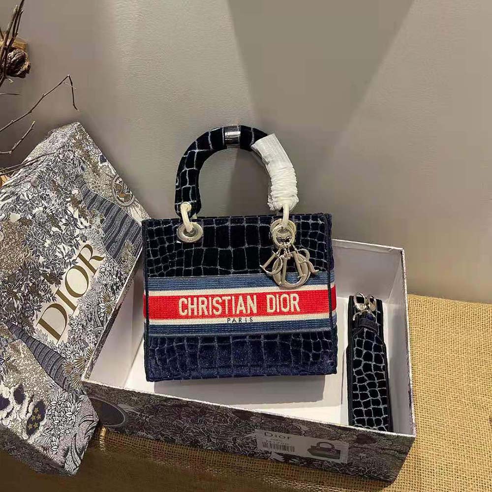 Dior Women Medium Lady D-lite Bag Blue Velvet Cannage Embroidery