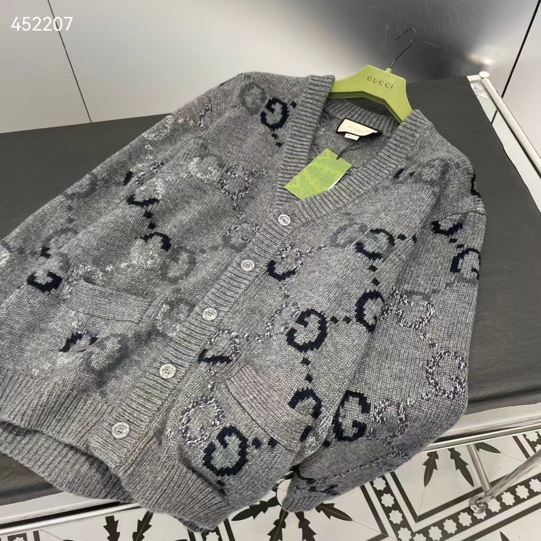 Gucci Women Wool Cardigan GG Intarsia Grey Allover V-Neck Dropped Shoulder Long Sleeves Style ‎770507 XKDSJ 1128